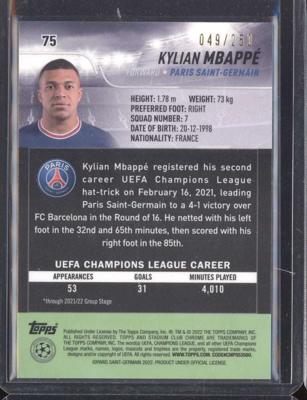 Kylian Mbappe 2021-22 Topps Stadium Club Chrome UCL 75 Aqua Wave Refractor 49/250