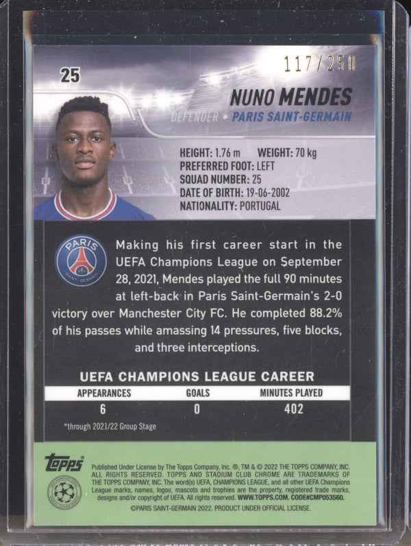 Nuno Mendes 2021-22 Topps Stadium Club Chrome UCL 25 Aqua Wave Refractor RC 117/250