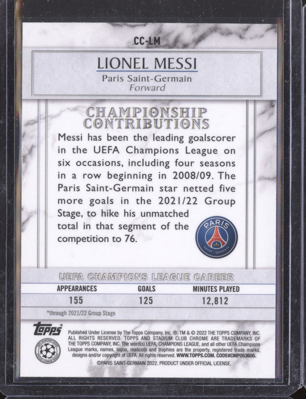 Lionel Messi 2021-22 Topps Stadium Club Chrome UCL CC-LM Championship Contributions