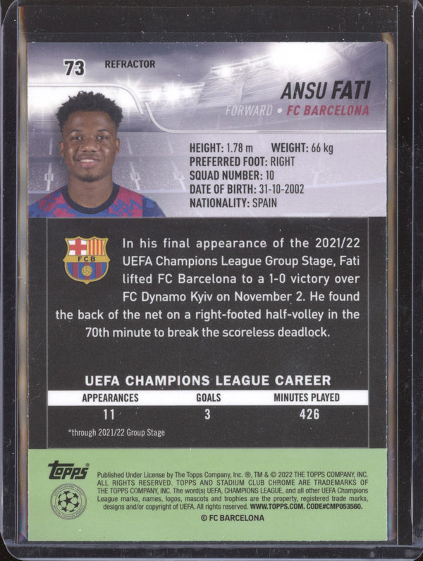 Ansu Fati 2021-22 Topps Stadium Club Chrome UCL 73 Refractor