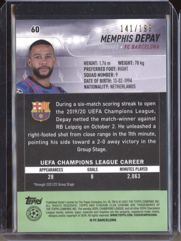 Memphis Depay 2021-22 Topps Stadium Club Chrome UCL 60 Aqua Green Electric Charge 141/199