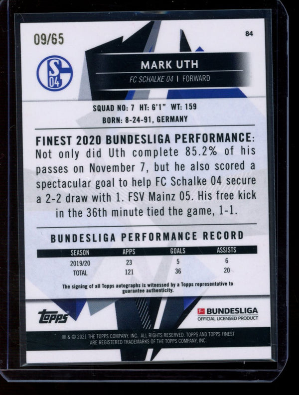 Mark Uth 2020-21 Topps Finest Bundesliga Blue Refractor Auto 09/65