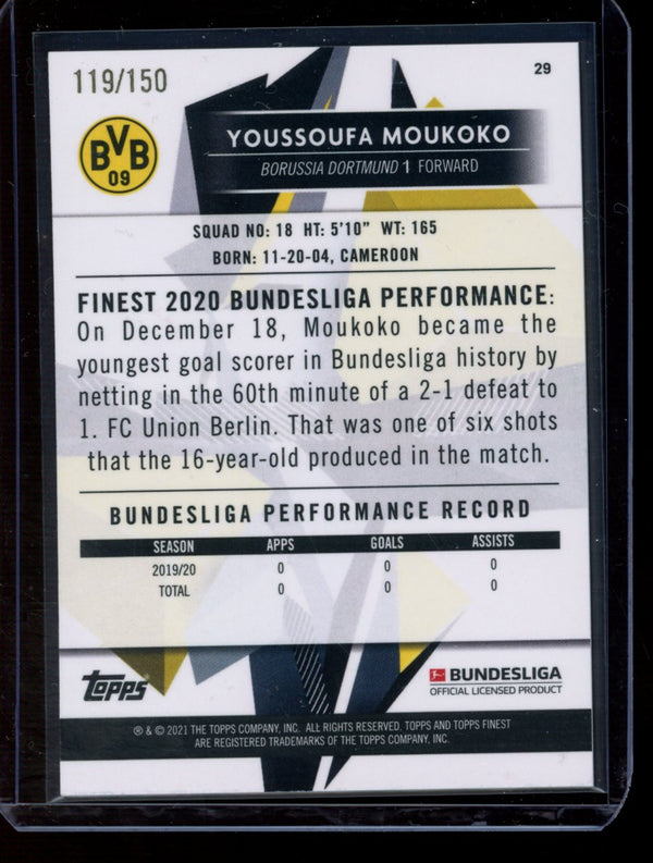 Youssoufa Moukoko 2020-21 Topps Finest Bundesliga Blue Wave Refractor RC 119/150