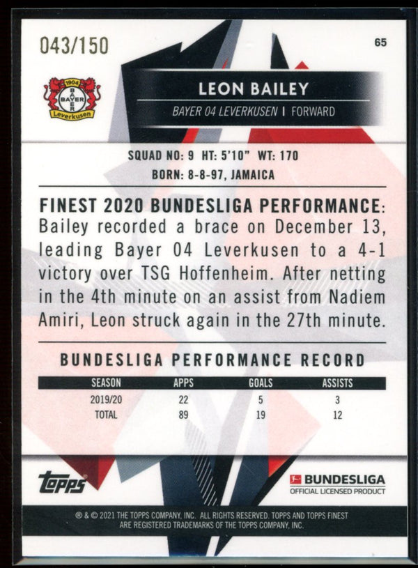 Leon Bailey 2020-21 Topps Finest Bundesliga Blue Refractor 43/150