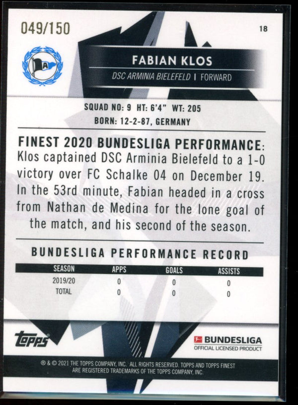 Fabian Klos 2020-21 Topps Finest Bundesliga Blue Refractor 49/150