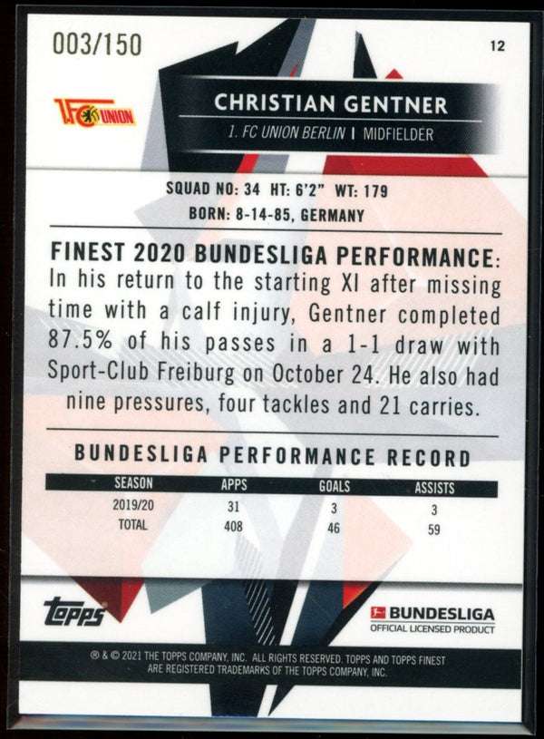 Christian Gentner 2020-21 Topps Finest Bundesliga Blue Wave Refractor 03/150