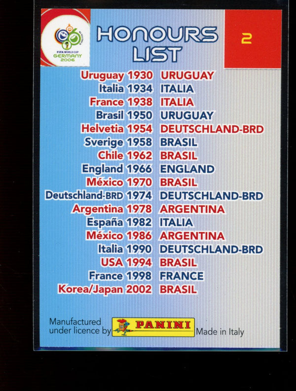 Honours List 2006 Panini Germany World Cup