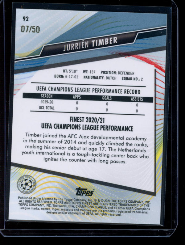 Jurrien Timber 2020-21 Panini Finest UEFA Gold Refractor RC 07/50