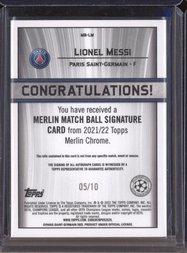 Lionel Messi 2021-22 Topps Merlin Chrome UEFA MB-LM Match Ball Signature Red 5/10