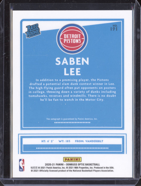 Saben Lee 2020-21 Panini Donruss Optic 191 Rated Rookie Signature RC