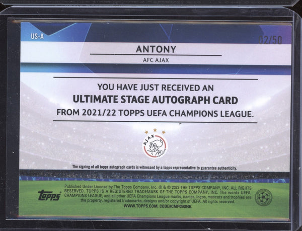 Antony 2021-22 Topps UCL US-A Ultimate Stage Autograph Gold 02/50