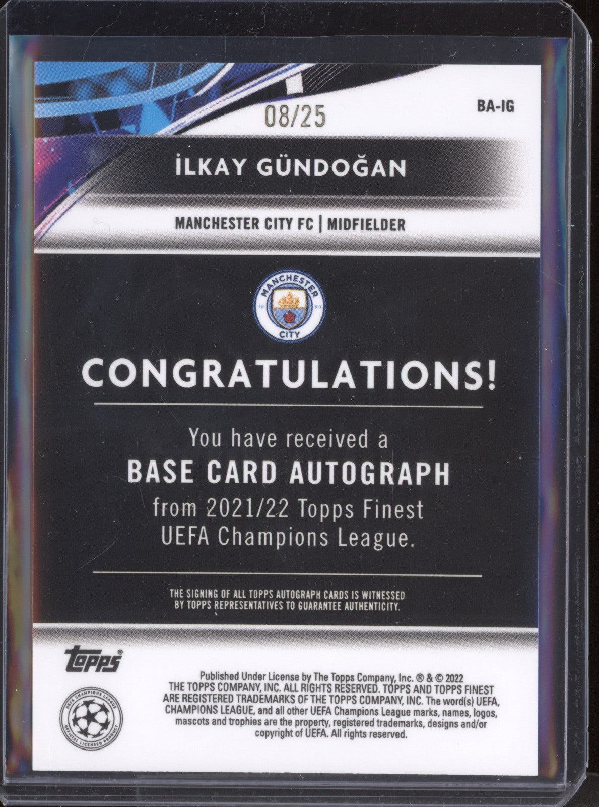 Ilkay Gundogan 2021-22 Topps Finest UCL BA-JG Orange Auto 08/25