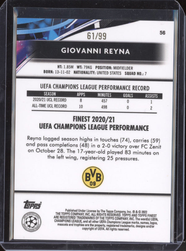 Giovanni Reyna 2021-22 Topps Finest UCL 56 Blue Vaporwave 61/99