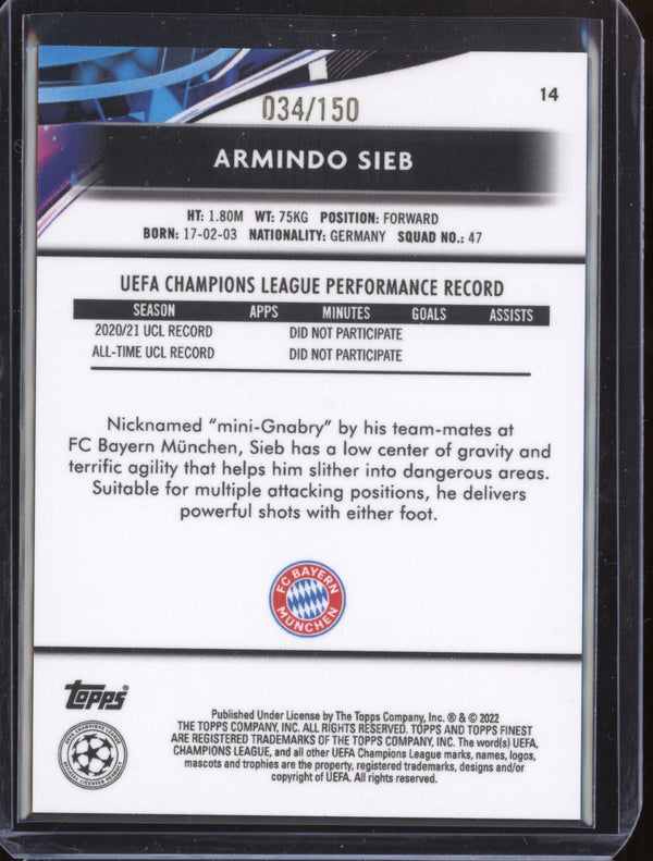 Armindo Sieb 2021-22 Topps Finest UCL 14 Blue Refractor RC 34/150