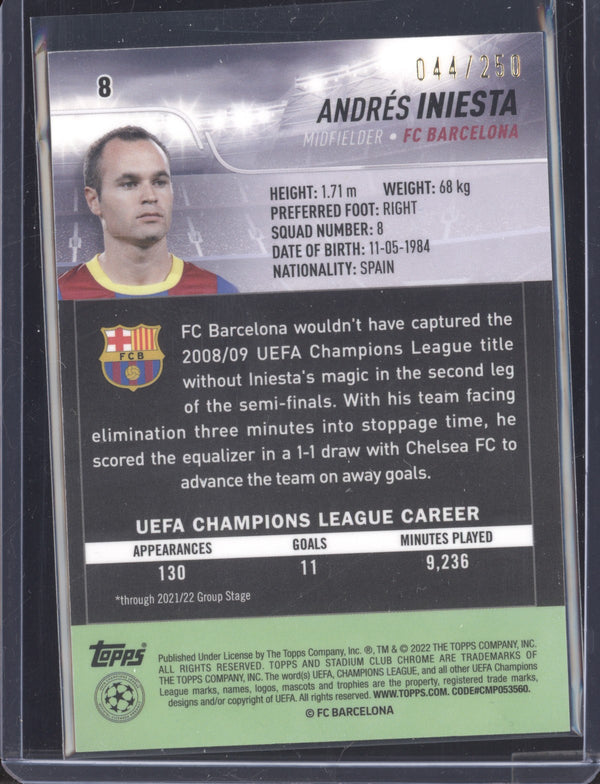 Andres Iniesta 2021-22 Topps Stadium Club Chrome UCL 8 Aqua Wave 44/250