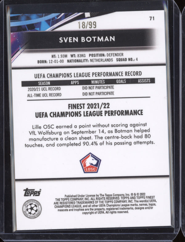 Sven Botman 2021-22 Topps Finest UEFA CL Neon Green Refractor RC 18/99