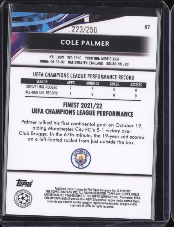 Cole Palmer 2021-22 Topps Finest UCL 97 Yellow Refractor RC 223/250