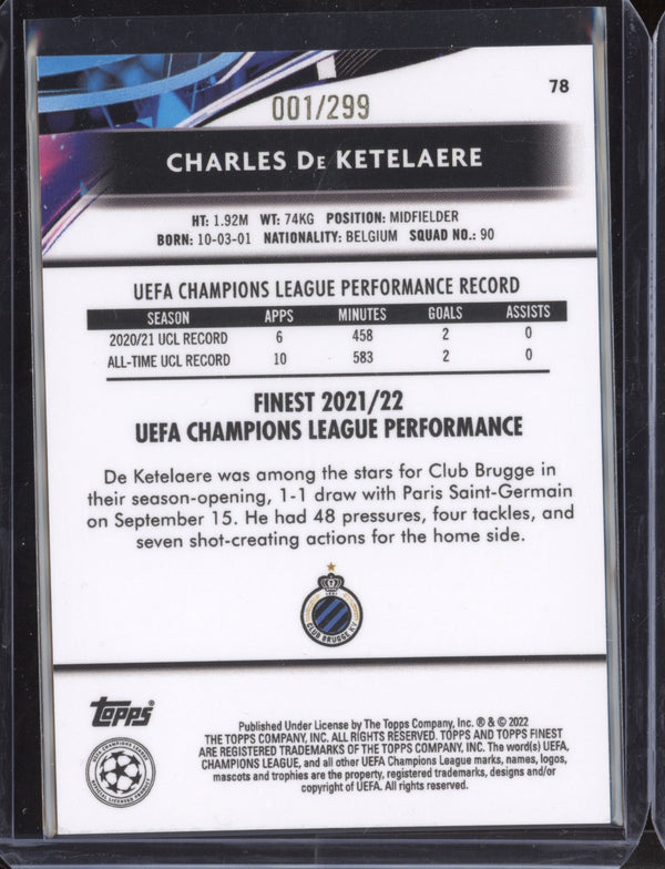 Charles De Ketelaere 2021-22 Topps Finest UCL 78 Purple Refractor 1/299