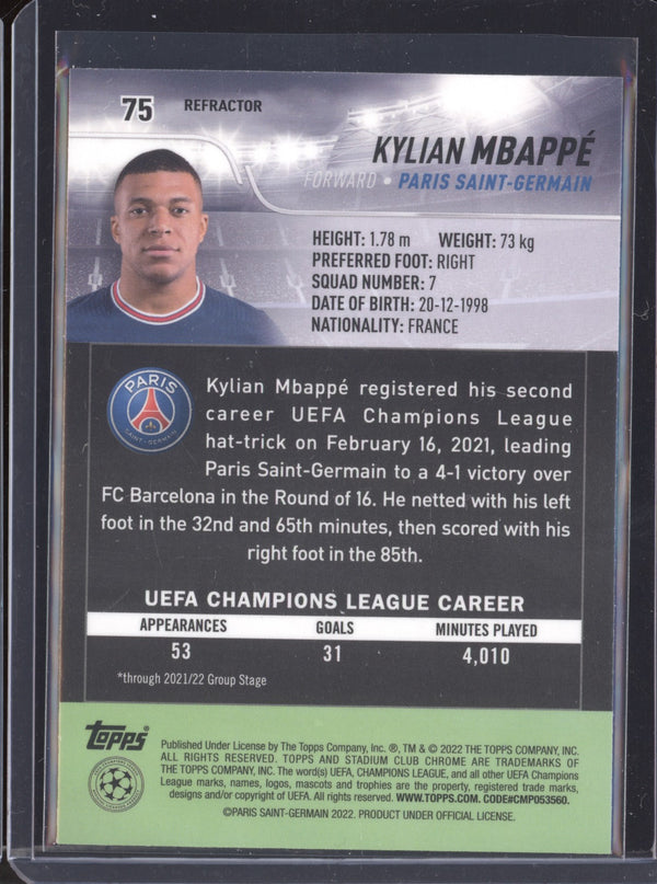 Kylian Mbappe 2021-22 Topps Stadium Club Chrome UCL 75 Refractor