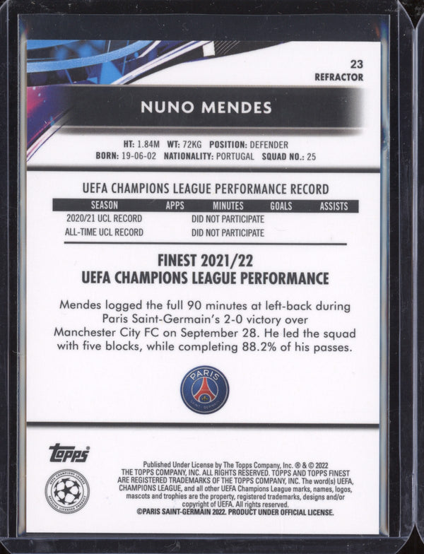 Nuno Mendes 2021-22 Topps Finest UCL 23 Refractor RC