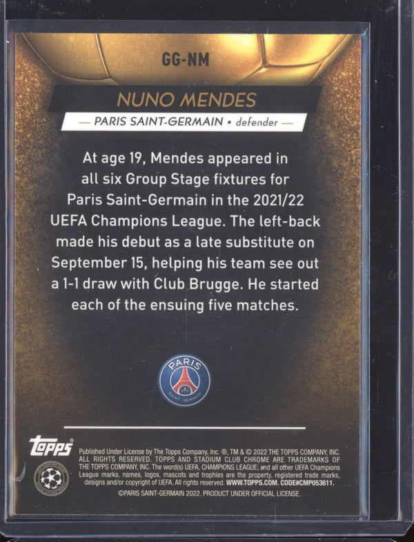 Nuno Mendes 2021-22 Topps Stadium Club Chrome UCL GG-NM Glimpses of Gold RC