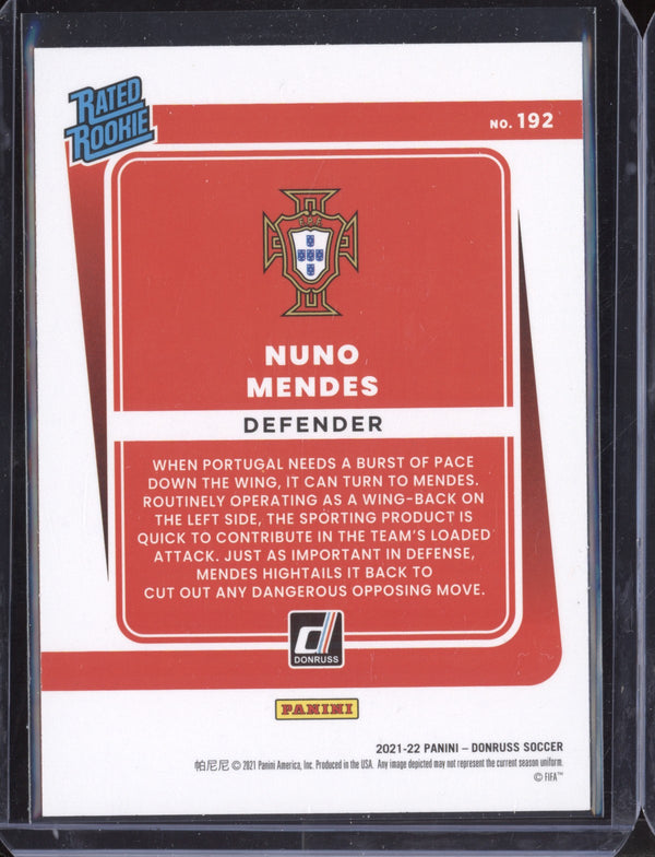 Nuno Mendes 2021-22 Panini Donruss Road to Qatar 192 Holo Orange Laser RC