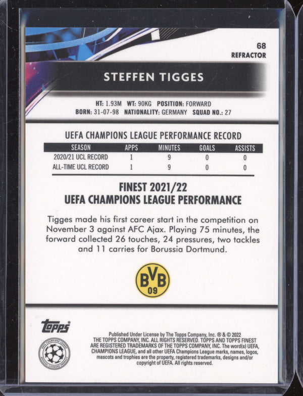 Steffen Tigges 2021-22 Topps Finest UCL 68 Refractor RC