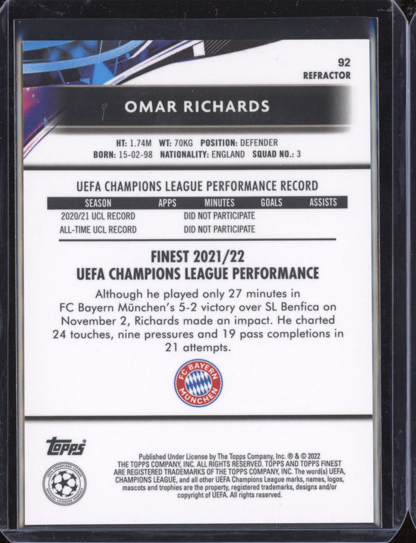 Omar Richards 2021-22 Topps Finest UCL 92 Refractor RC