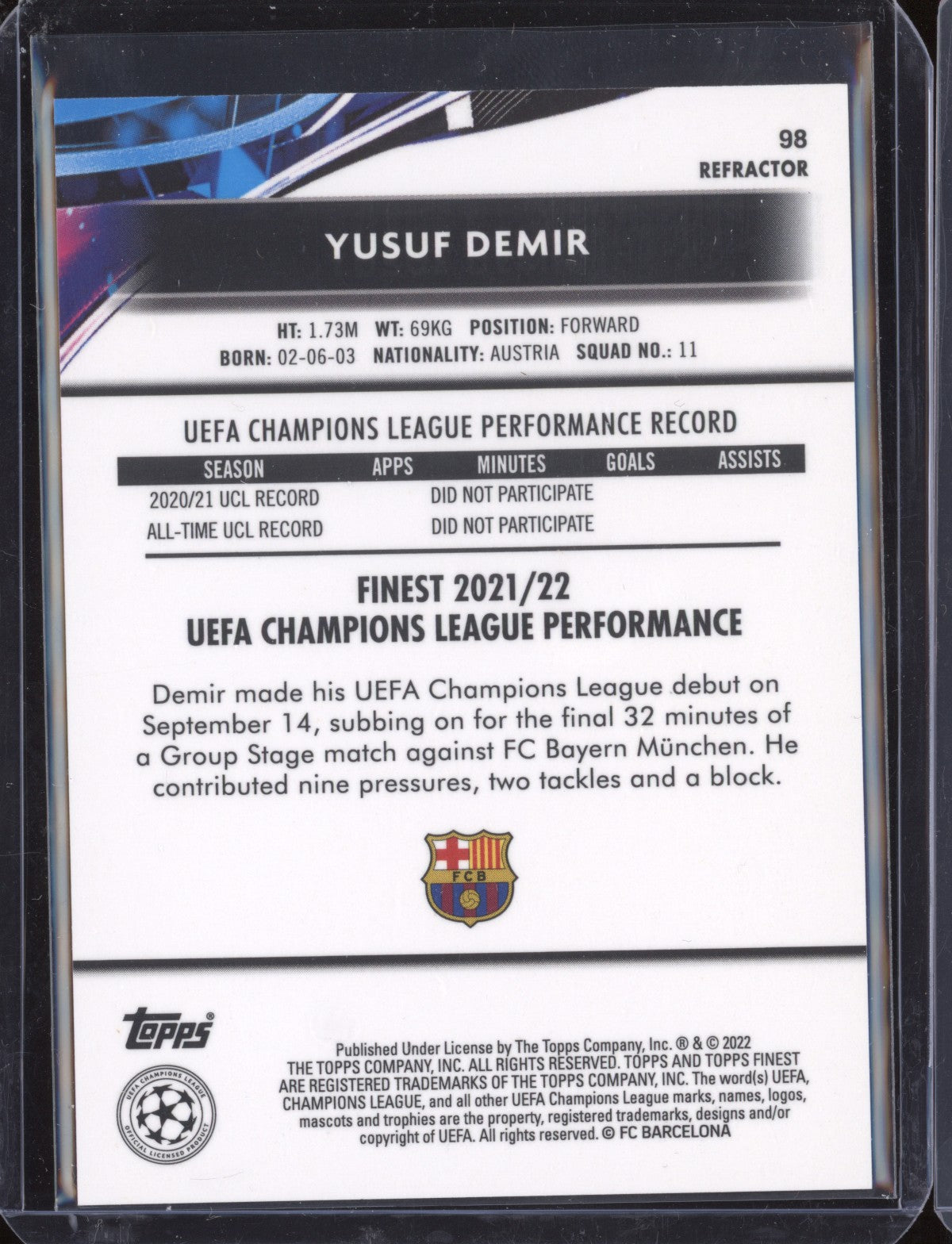 Yusuf Demir 2021-22 Topps Finest UCL 98 Refractor RC