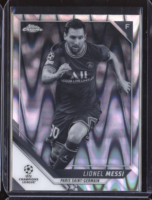 Lionel Messi 2021-22 Topps Chrome UCL 100 Black & White Ray Wave