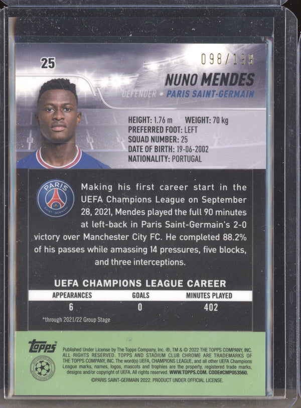 Nuno Mendes 2021-22 Topps Stadium Club Chrome UCL 25 Aqua Green Electric Charge 98/199