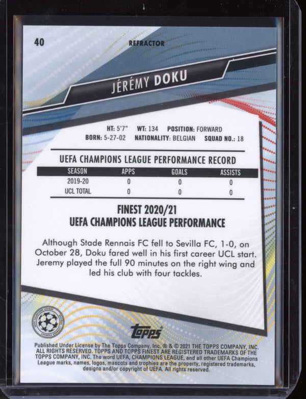 Jeremy Doku 2021 Topps Finest Champions League Refractor RC