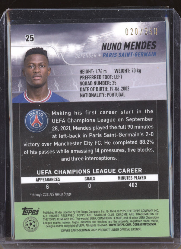 Nuno Mendes 2021-22 Topps Stadium Club Chrome UCL 25 Aqua Wave 20/250