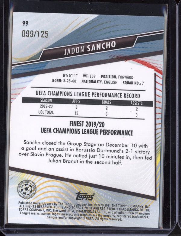 Jadon Sancho 2021 Topps Finest Champions League Pink Prism Refractor  99/125