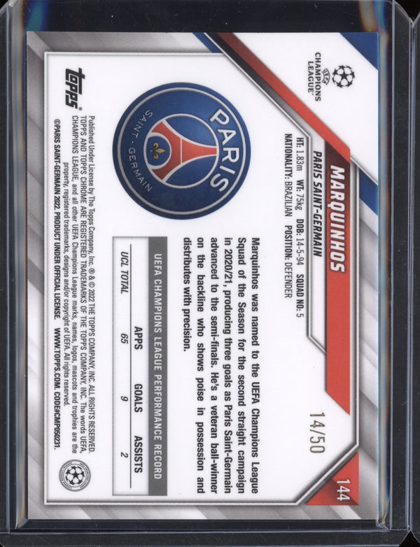 Marquinhos 2021/22 Topps Chrome UEFA Champions League Gold Mini-Diamond 14/50