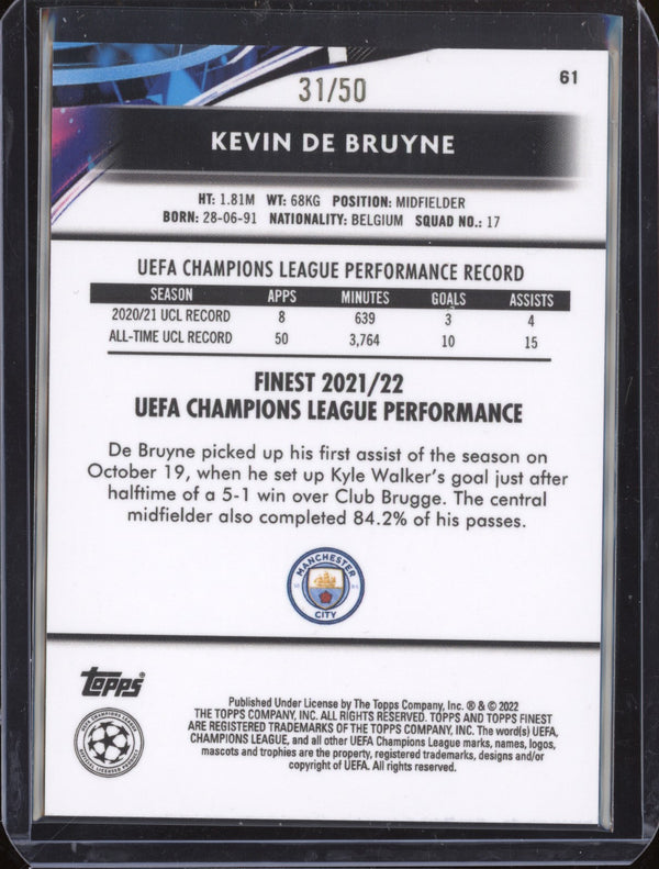 Kevin De Bruyne 2021-22 Topps Finest UEFA CL Gold Refractor 31/50