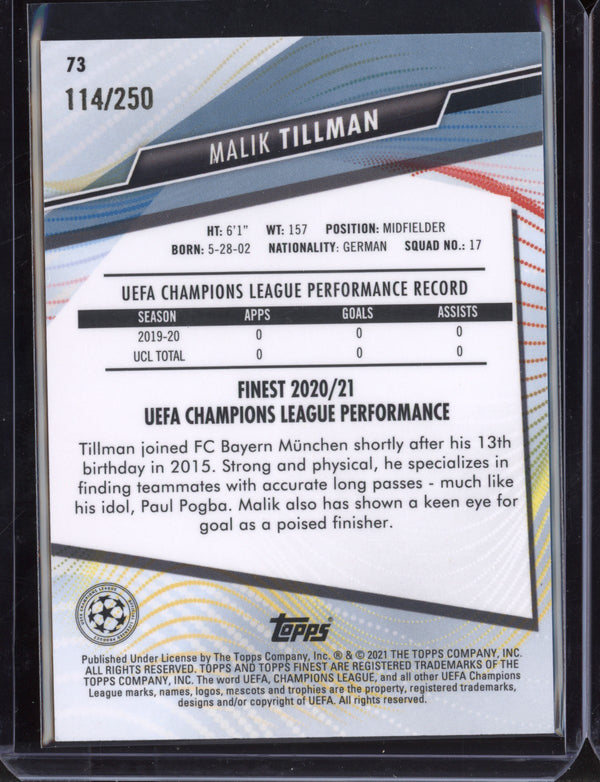 Malik Tillman 2021 Topps Finest Champions League Purple Refractor RC 114/250