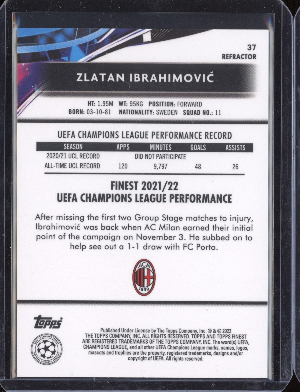 Zlatan Ibrahimovic 2021-22 Topps Finest UEFA CL Refractor