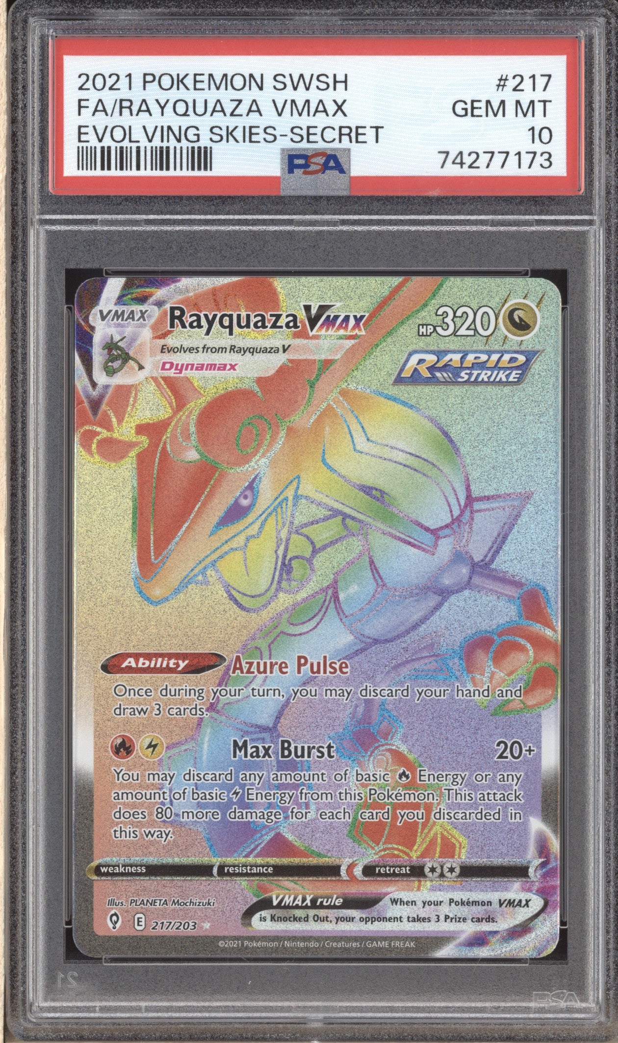 Rayquaza 2021 Pokemon Evolving Skies 217 Rainbow Secret Rare PSA 10