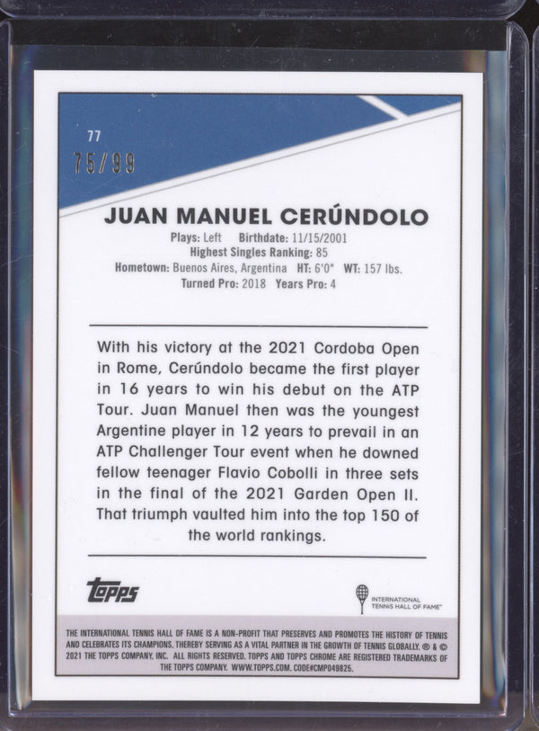 Juan Manuel Cerundolo 2021 Topps Chrome Tennis 77 Blue RC 75/99