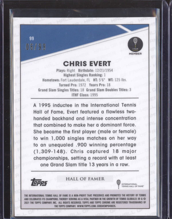 Chris Evert 2021 Topps Chrome Tennis 99 Blue 6/99