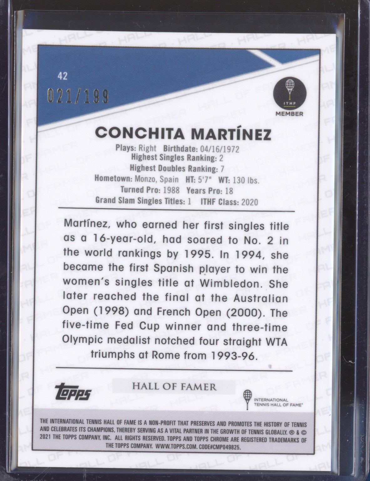 Conchita Martinez 2021 Topps Chrome Tennis 42 Purple 21/199