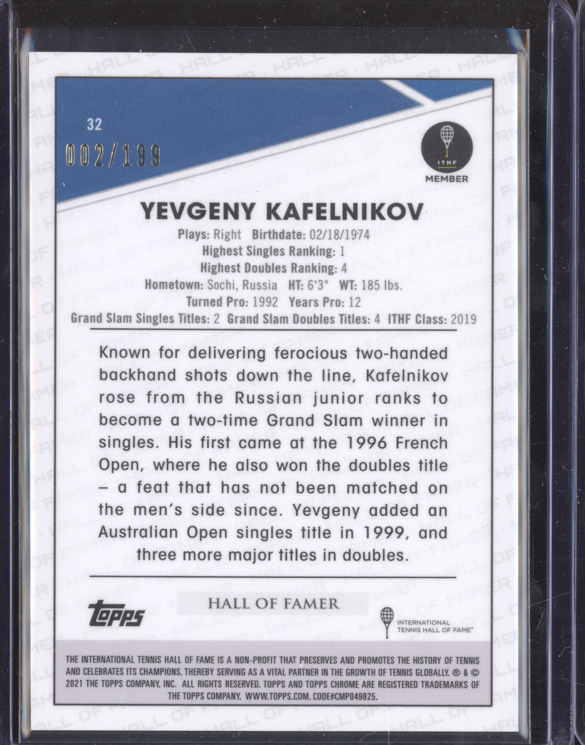 Yevgeny Kafelnikov 2021 Topps Chrome Tennis 32 Purple Wave 2/199